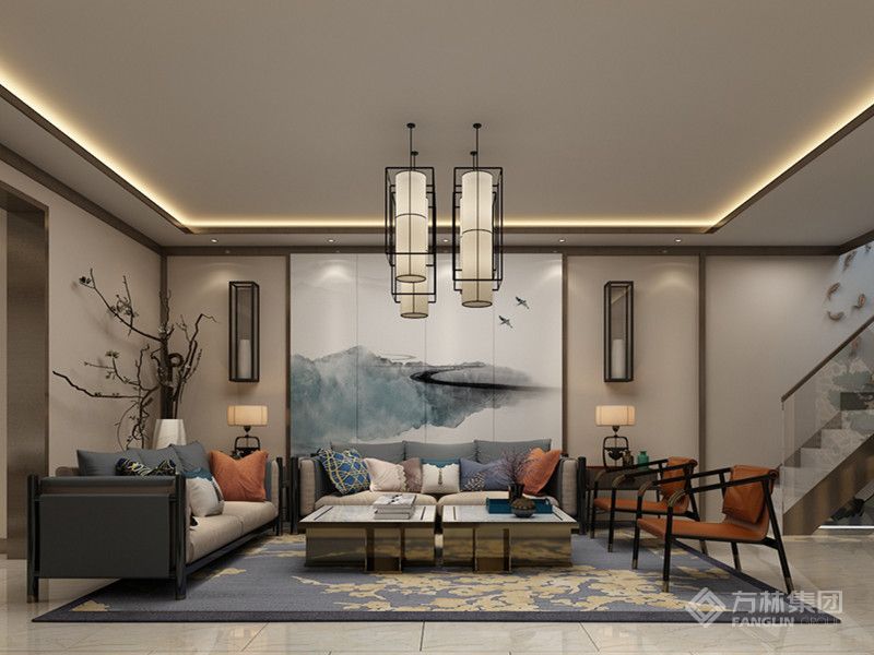 客厅以原木质感的沙发、圈椅以及中式风格的小元素使整个空间充满了东方美学的文化底蕴。