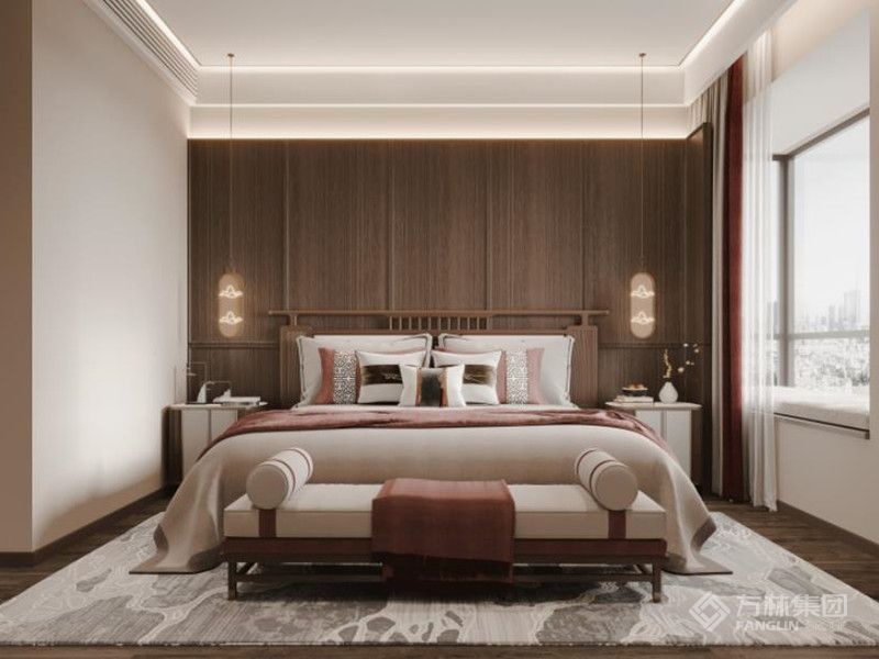 本案视觉设计都以纵向为主，拉伸空间的同时也能统一房间风格，茶室背景添加宫墙红色，搭配金色博古架十分端方优雅！	